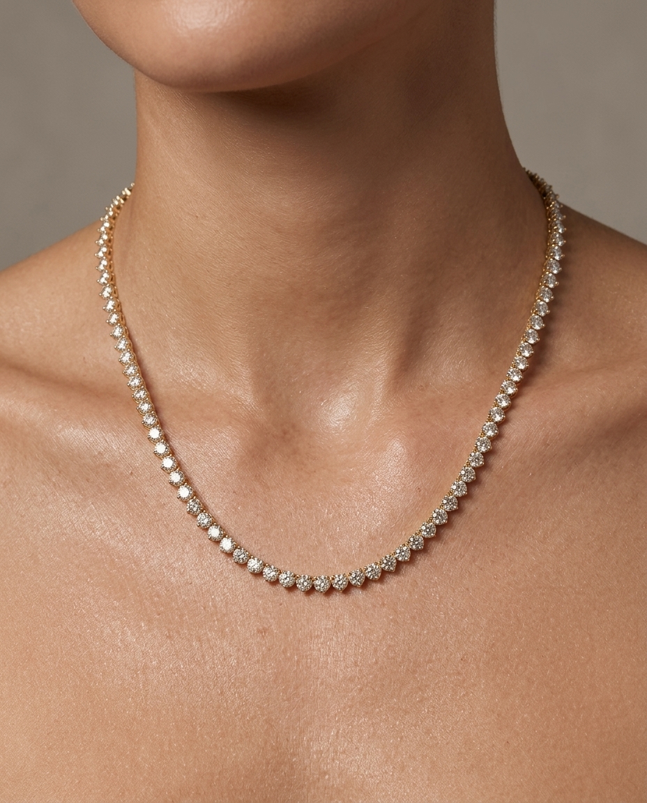 14KT Yellow Gold Champagne Diamond 3 Prong Tennis Necklace (13.00 CTS) on model