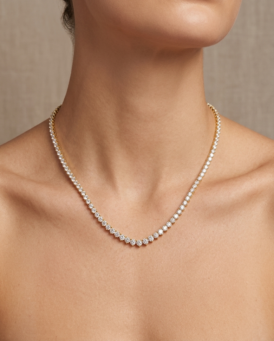 14KT Gold Diamond 3 Prong Tennis Necklace (5.00 CTS) on model
