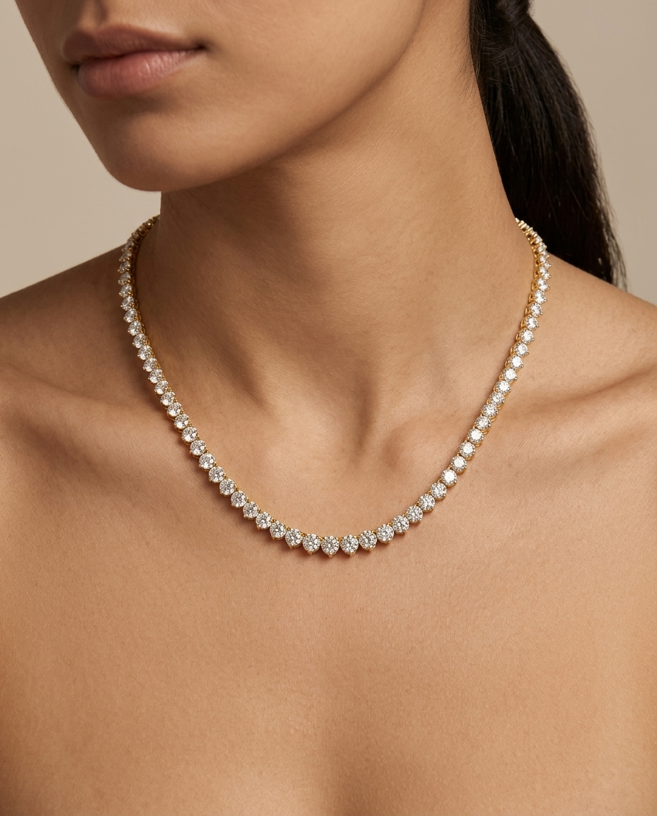14KT Gold Diamond 3 Prong Tennis Necklace (5.00 CTS) on model