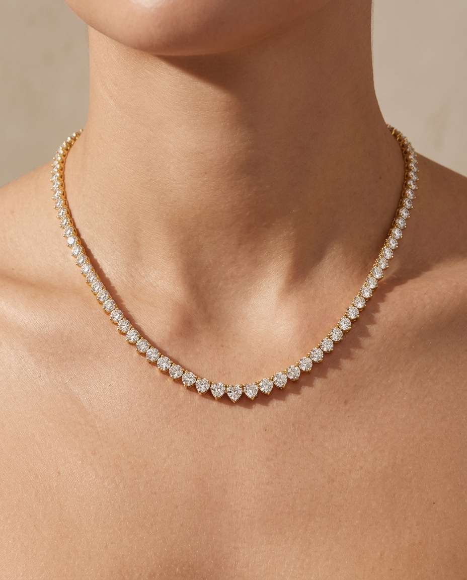 14KT Gold Champagne Diamond 3 Prong Tennis Necklace (7.00 CTS) on model