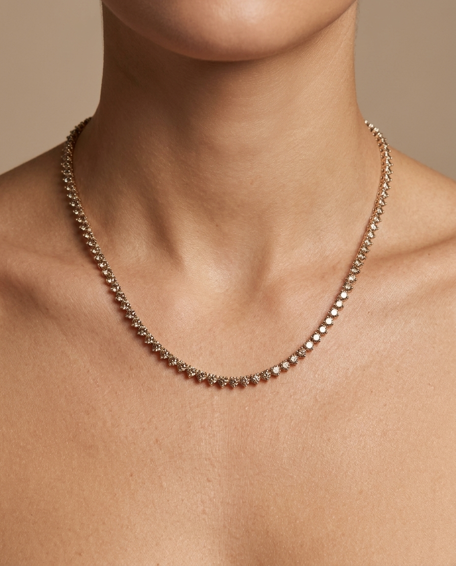 14KT Yellow Gold Champagne Diamond 3 Prong Tennis Necklace (7.00 CTS) on model