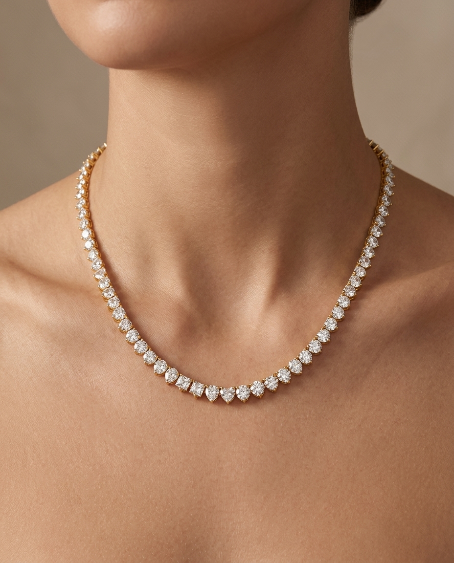 14KT Gold Champagne Diamond 3 Prong Tennis Necklace (7.00 CTS) on model