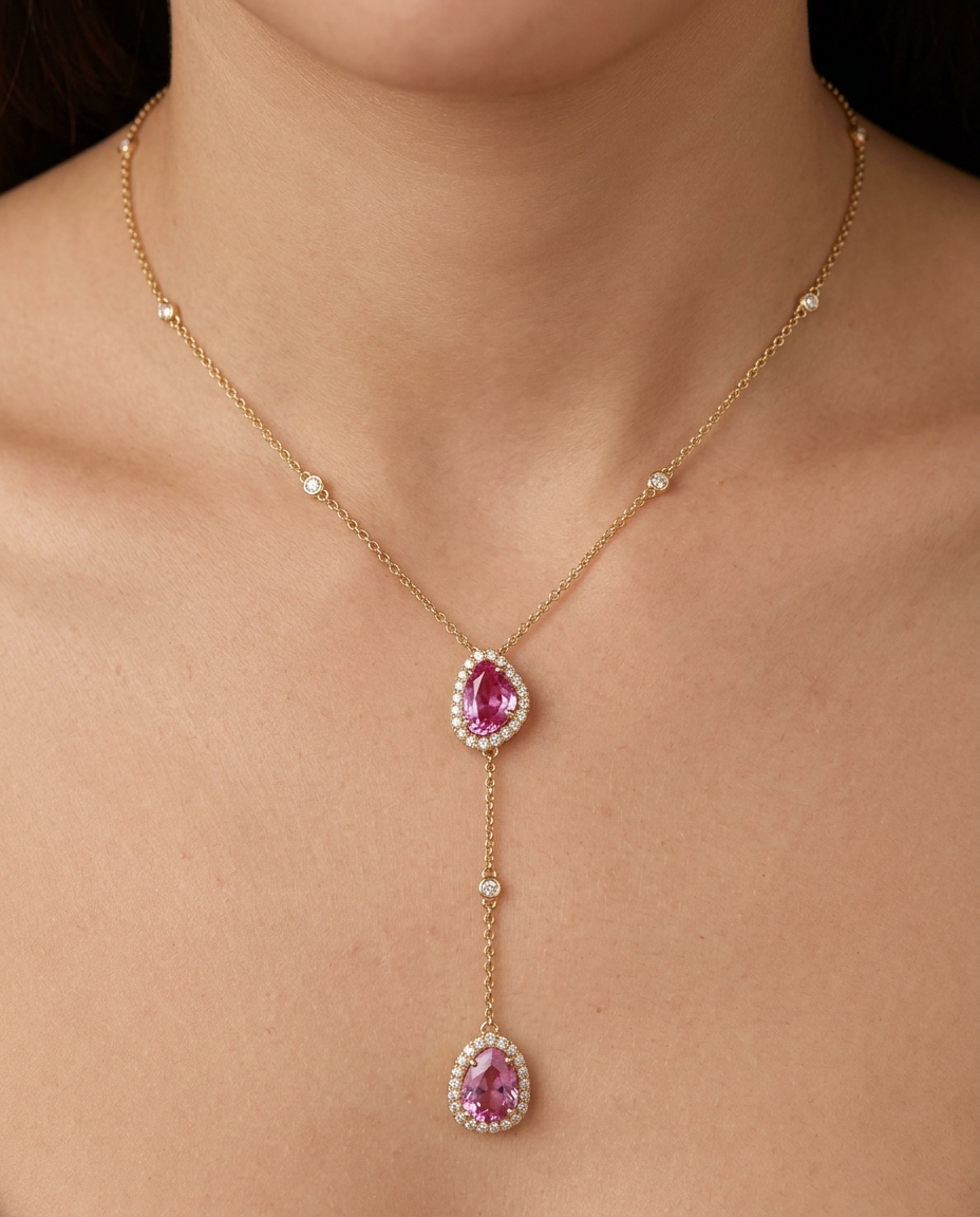 14KT Yellow Gold Diamond/Pink Sapphire Rose Cut Necklace on model