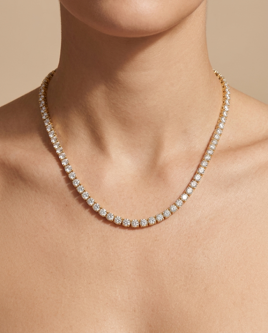 14KT Yellow Gold Diamond Tennis Necklace on model