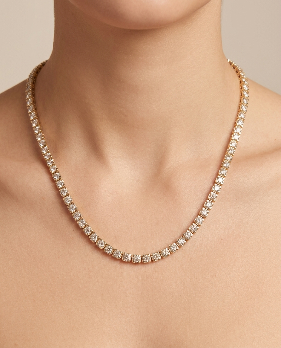 14KT Yellow Gold Champagne Diamond Tennis Necklace on model
