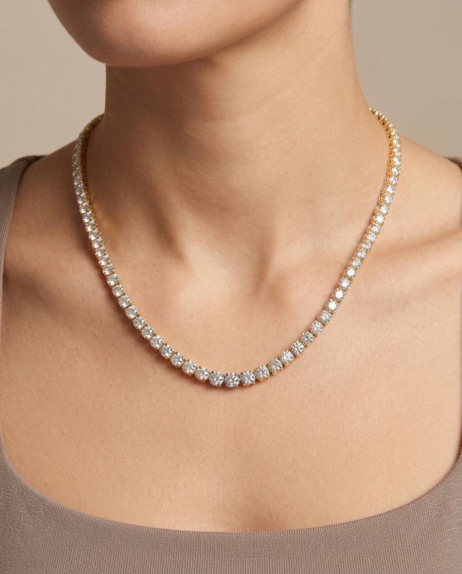 14KT Yellow Gold Champagne Diamond Tennis Necklace on model