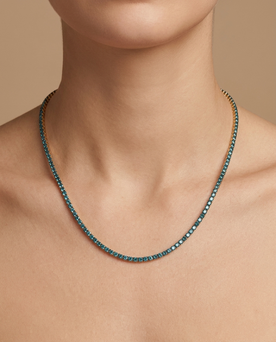 14KT Gold Blue Diamond Bezel Tennis Necklace on model