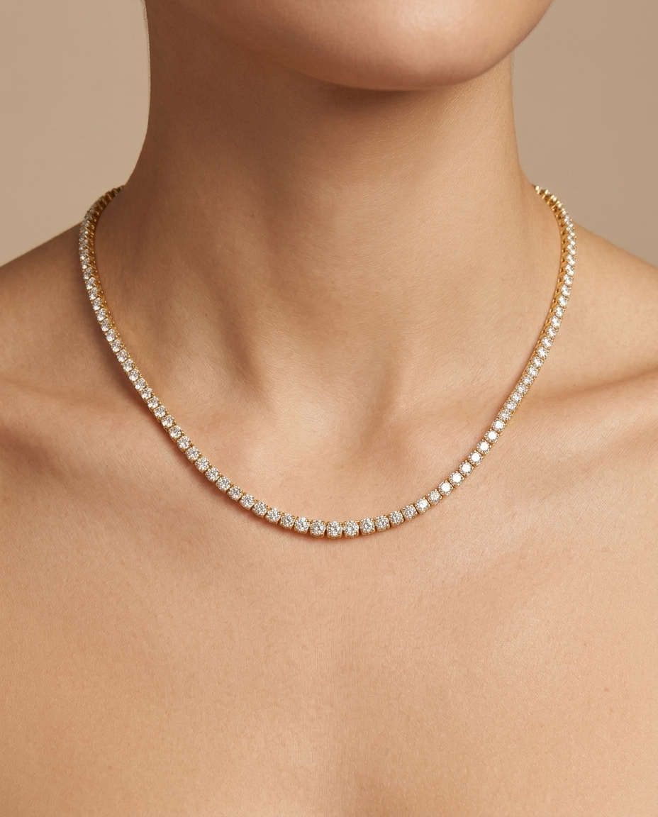 14KT Yellow Gold Diamond Bezel Set Necklace on model