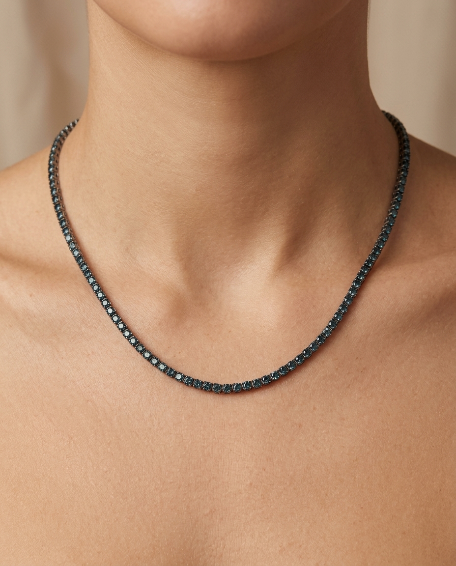 14KT White Gold Blue Diamond Tennis Necklace on model