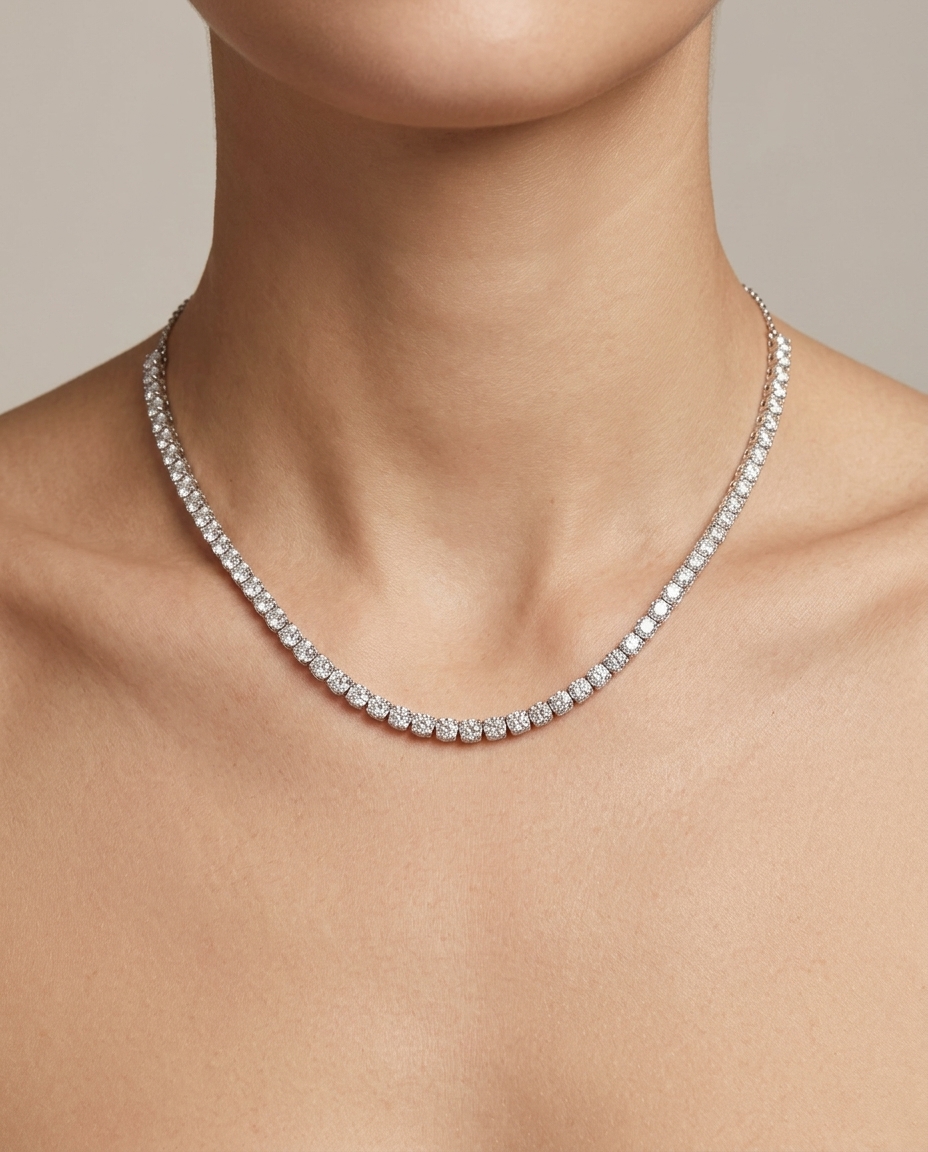 14KT White Gold Diamond Bezel Set Necklace on model