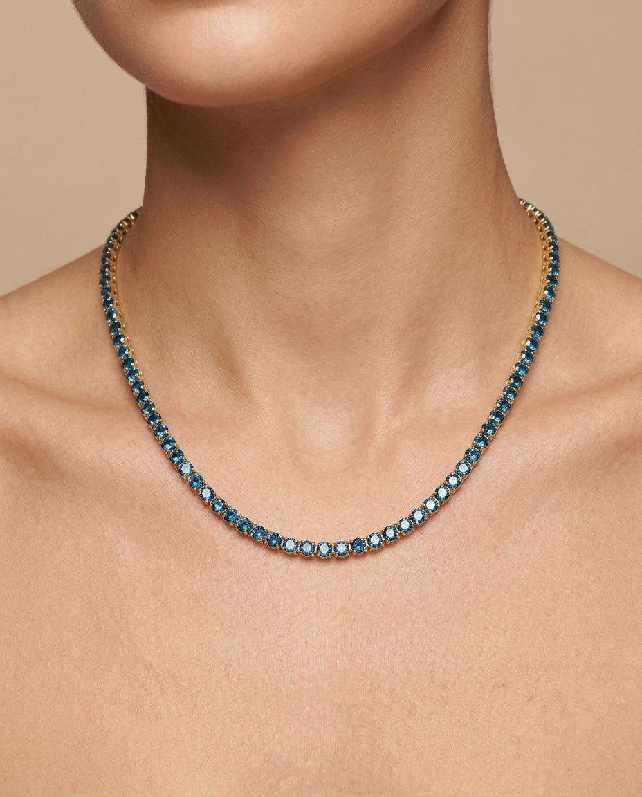 14KT Gold Blue Diamond Bezel Tennis Necklace on model
