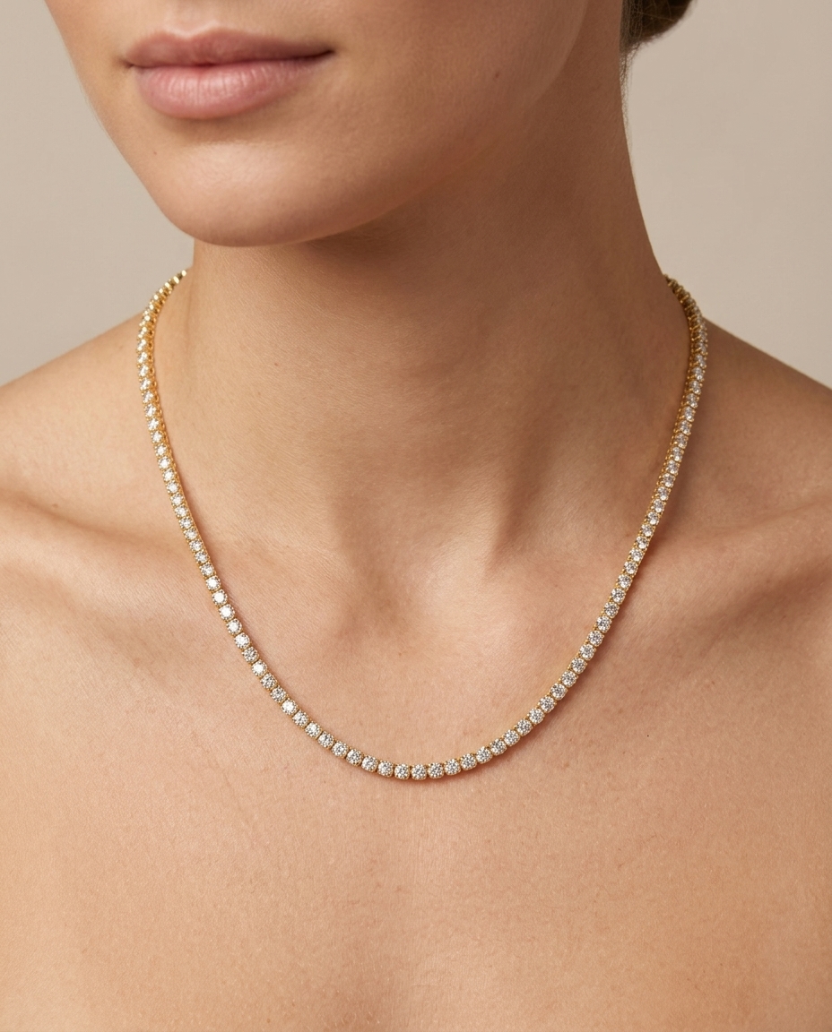 14KT Gold Champagne Diamond Tennis Necklace on model