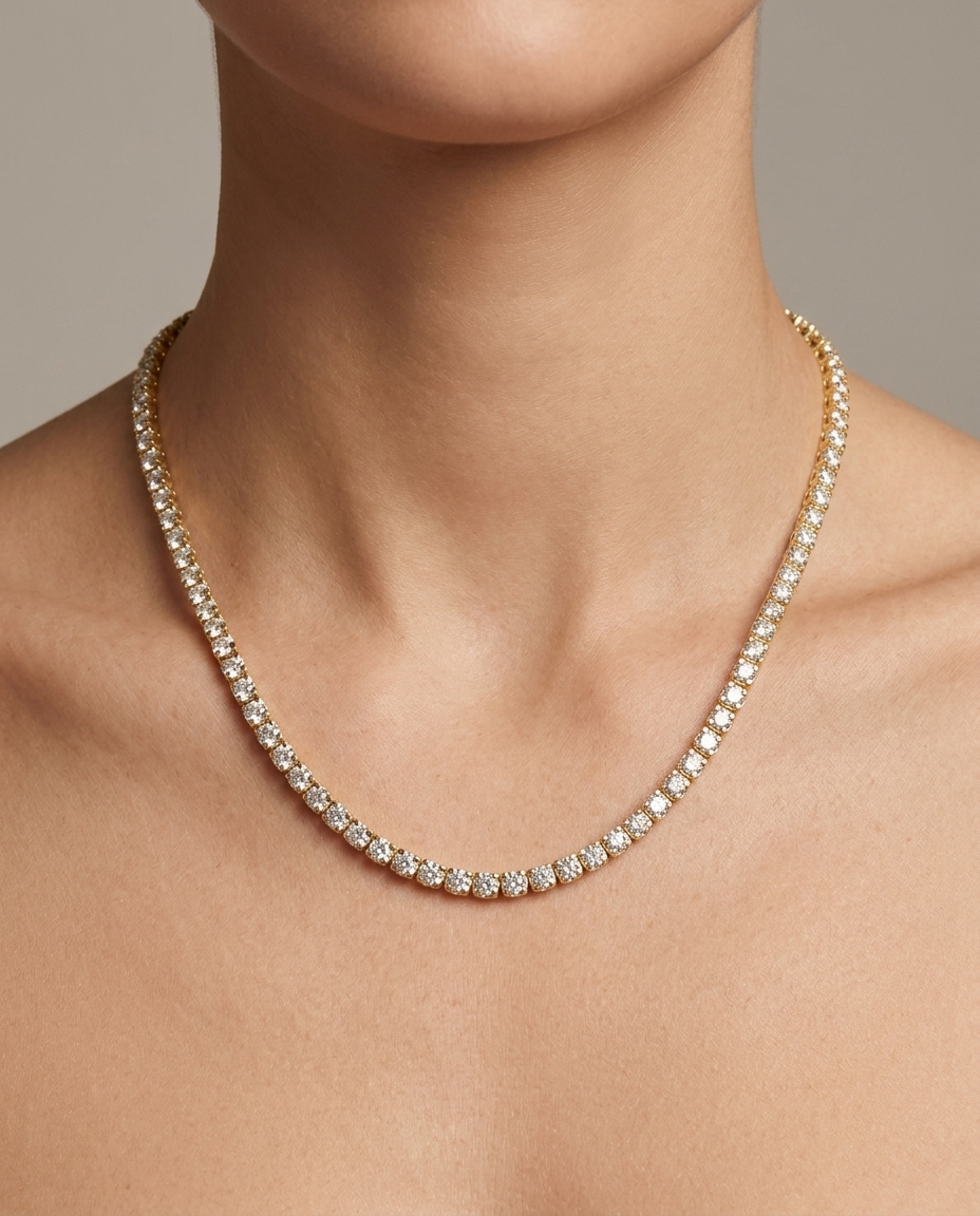 14KT Gold Champagne Diamond Tennis Necklace on model