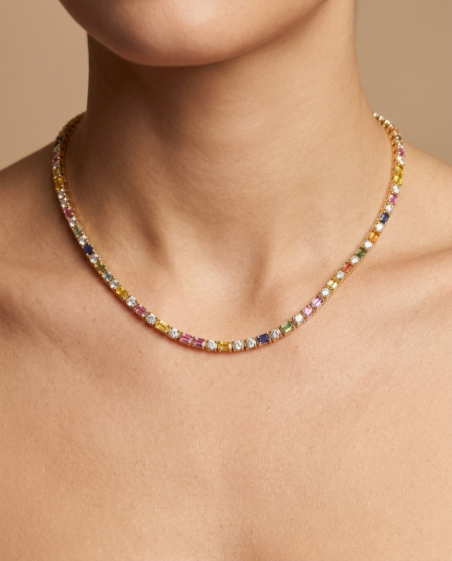 14KT Gold Diamond Tennis Necklace on model