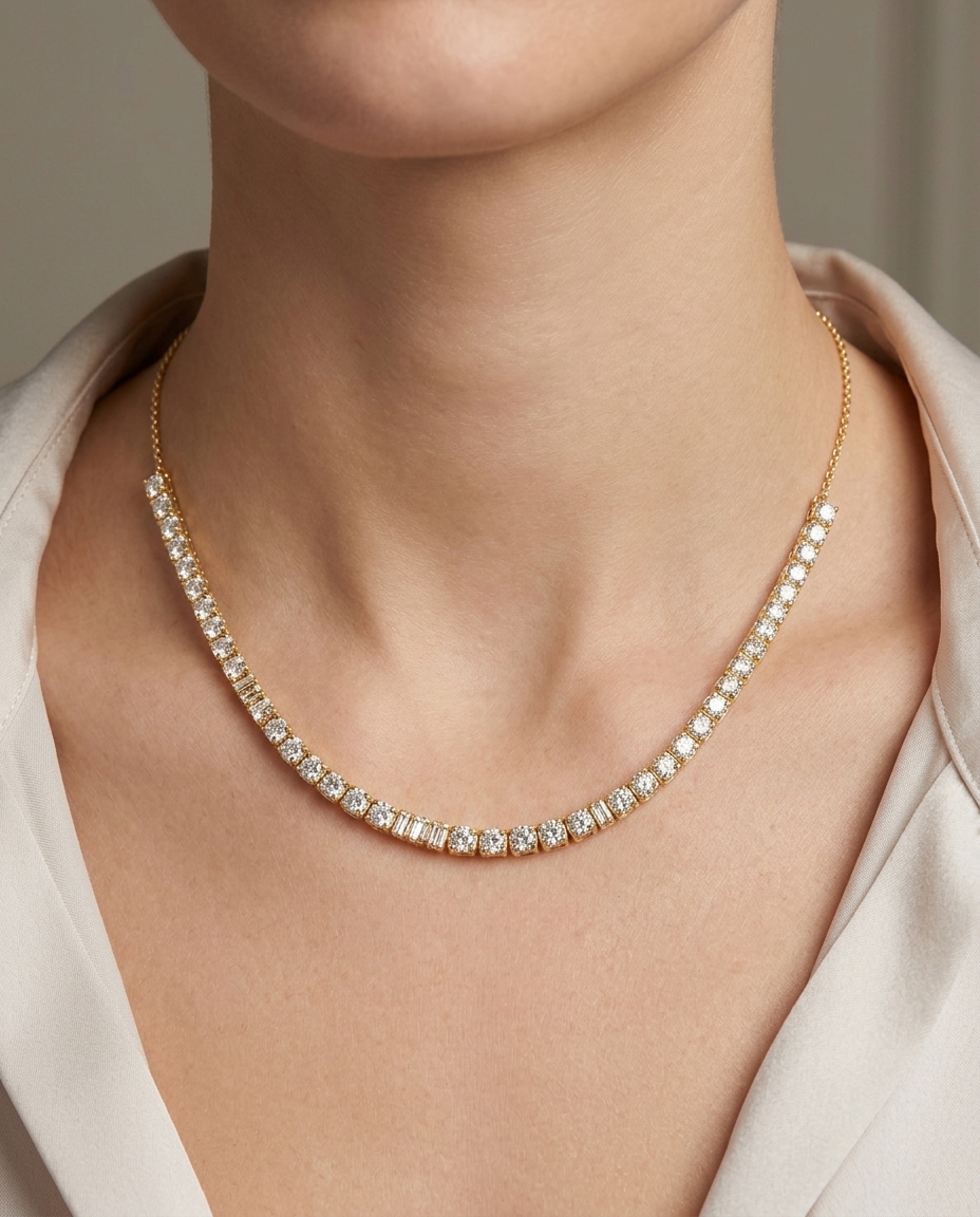 14KT Gold Diamond Tennis Necklace on model