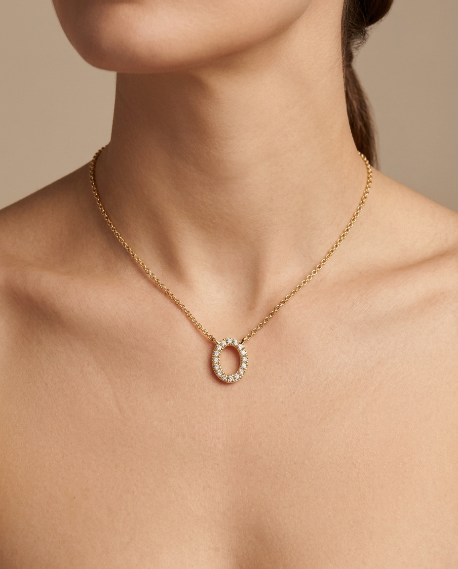 Yellow Gold Diamond Open Oval Necklace on model