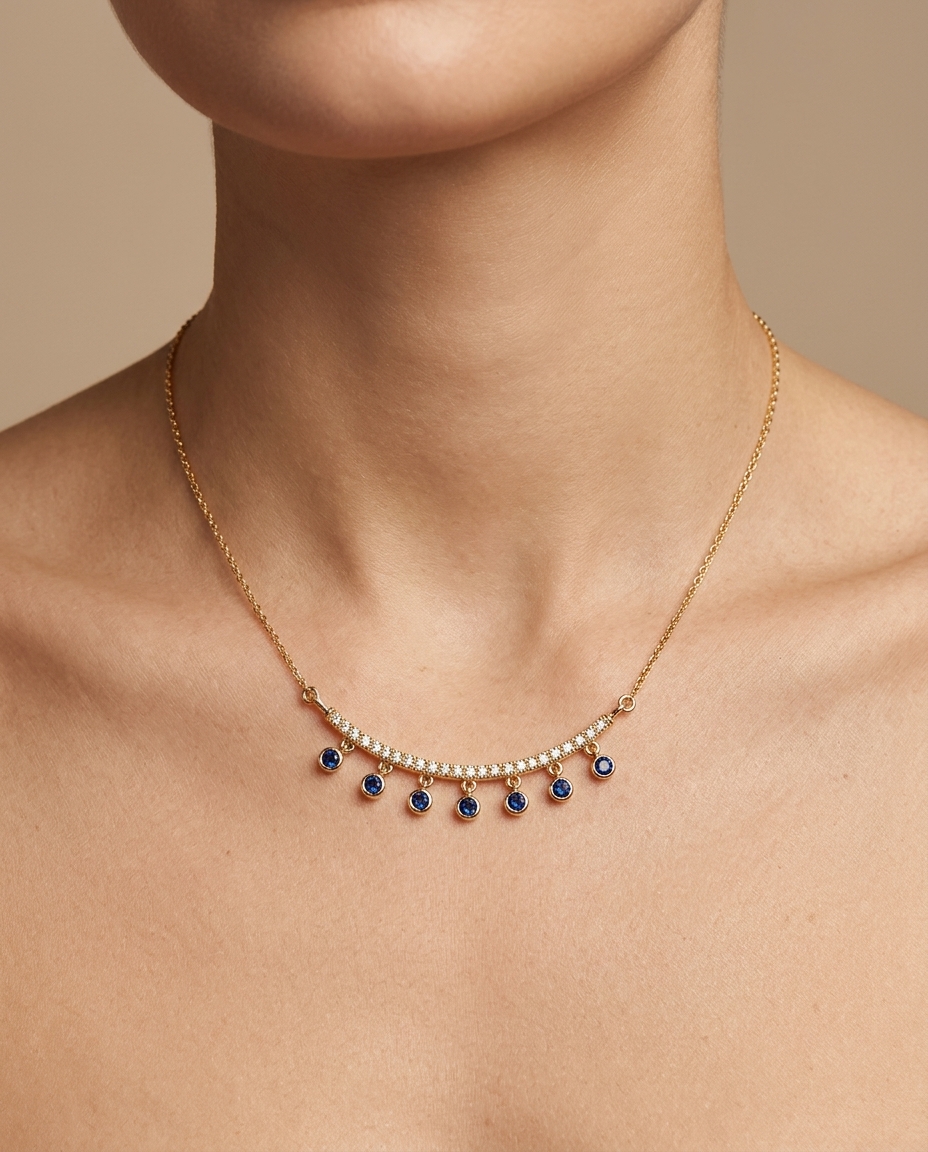 14KT Gold Diamond and Blue Sapphire Necklace on model