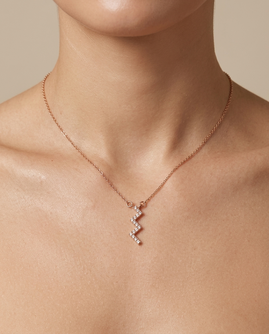 14KT Gold Diamond Zig Zag Bolt Necklace on model