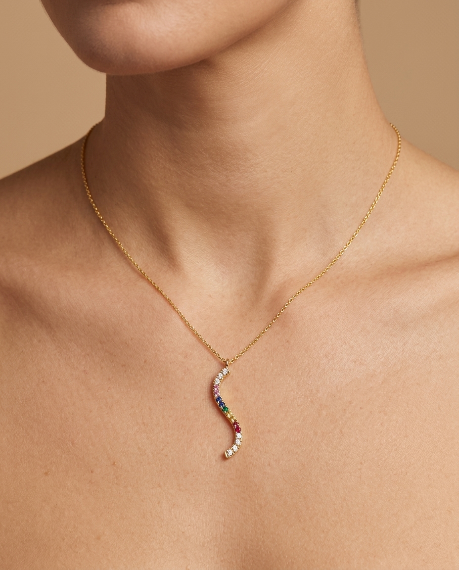 14KT Gold Diamond Wave Necklace on model