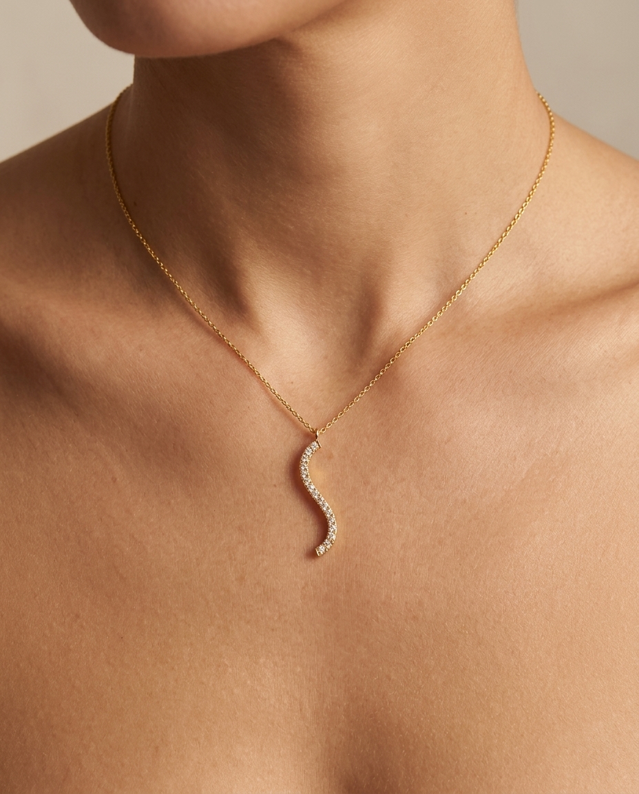 14KT Gold Diamond Wave Necklace on model