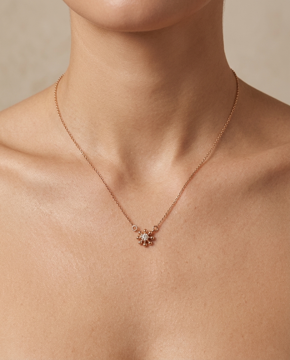 14KT Diamond Flower Necklace on model