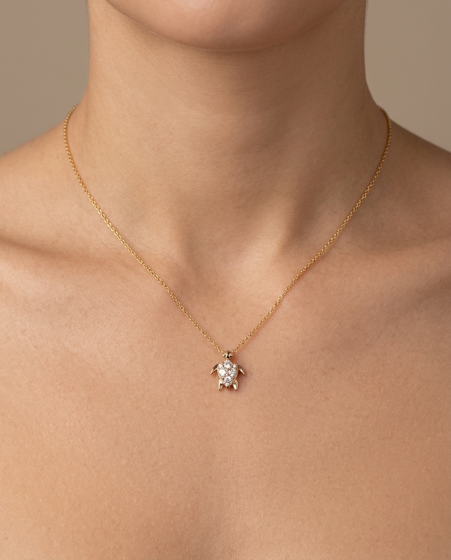 14KT Yellow Gold Turtle Pendent Necklace with Diamonds on model