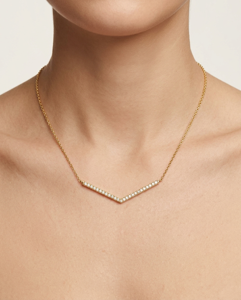 14KT Gold Diamond Curved Bar Necklace on model