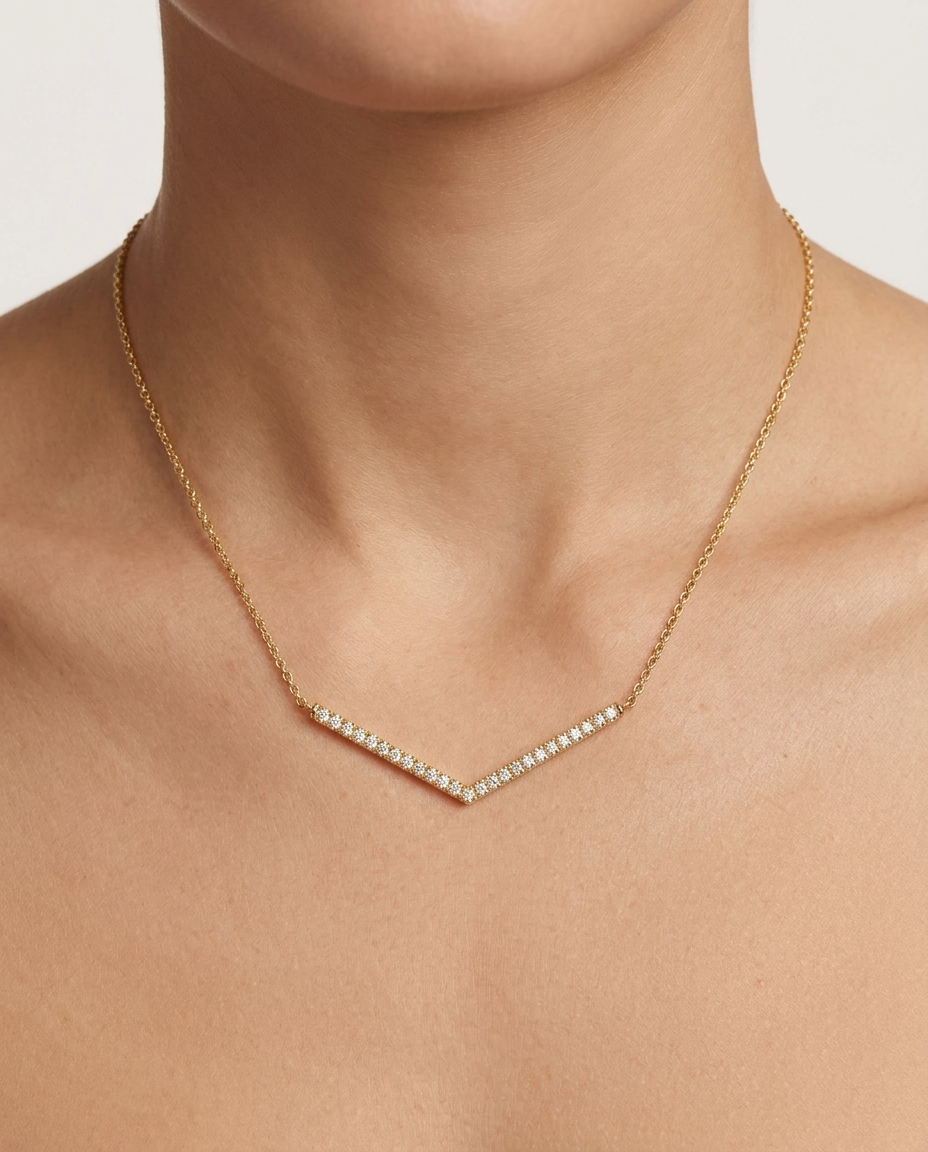 14KT Gold Diamond Curved Bar Necklace on model