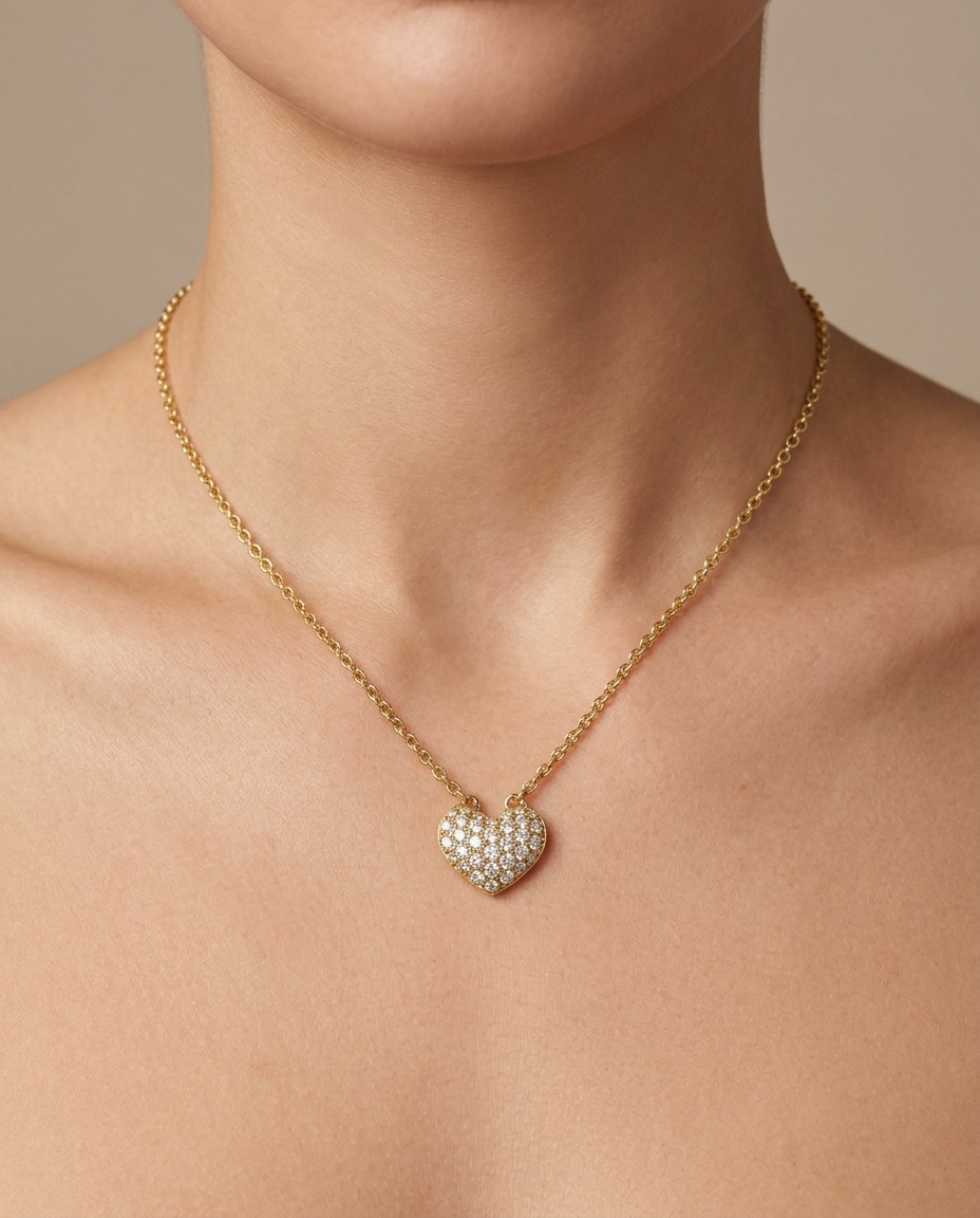 14KT Gold Diamond Heart Shape Necklace on model