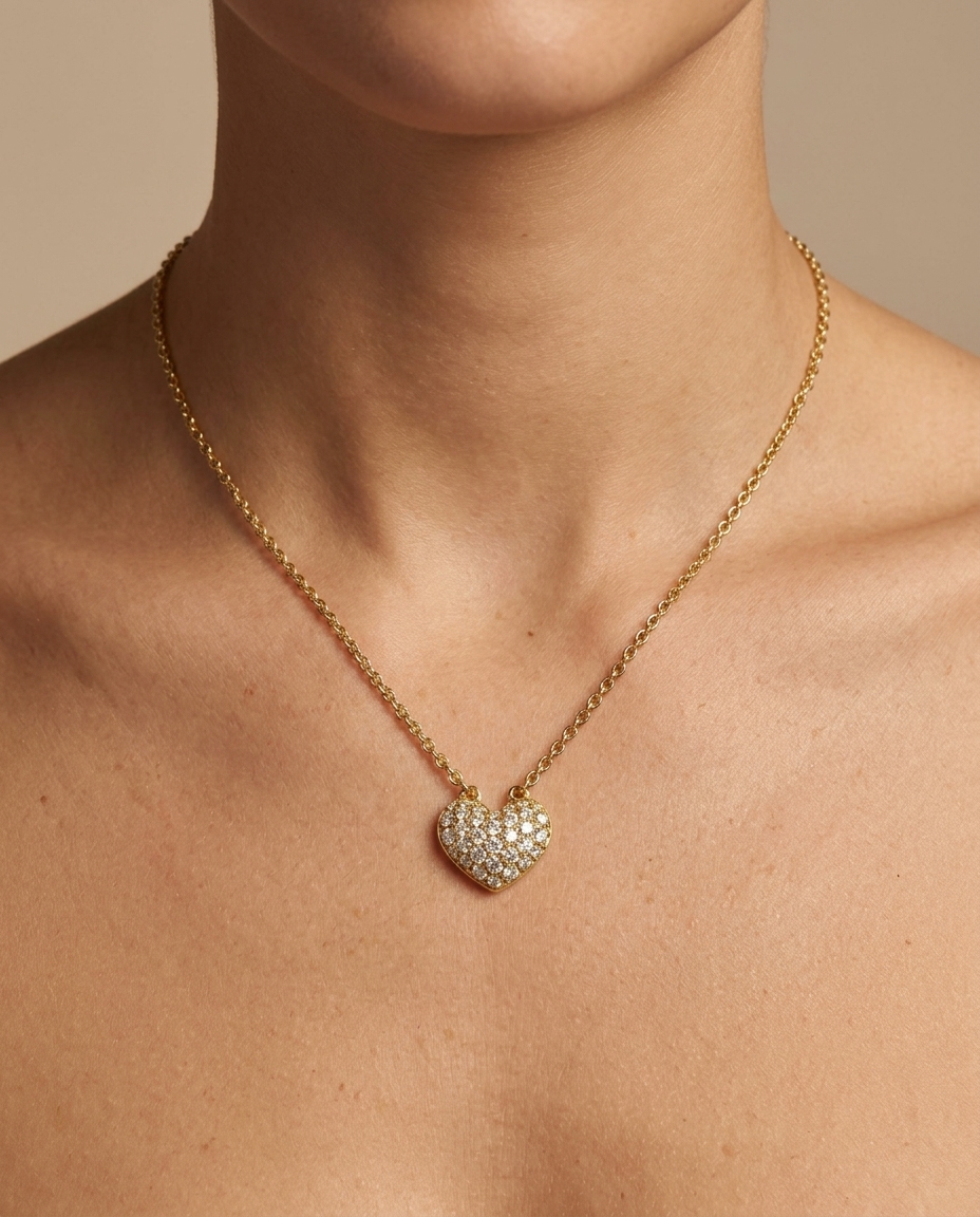 14KT Gold Diamond Heart Shape Necklace on model