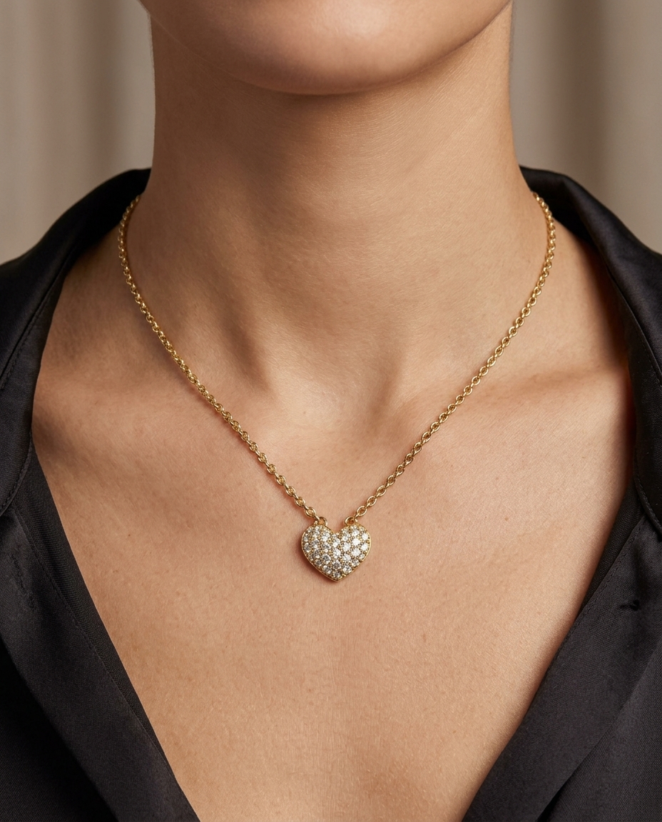 14KT Gold Diamond Heart Shape Necklace on model