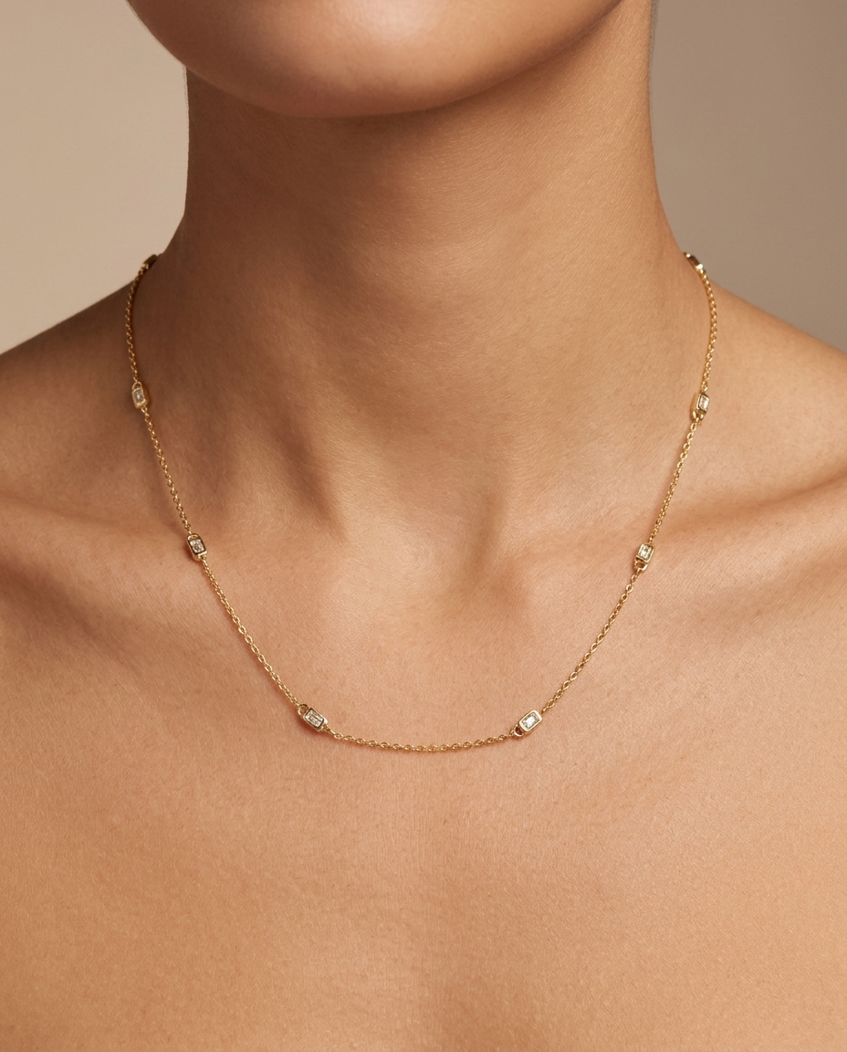 14KT Gold Diamond Baguette BY the Yard Necklace on model