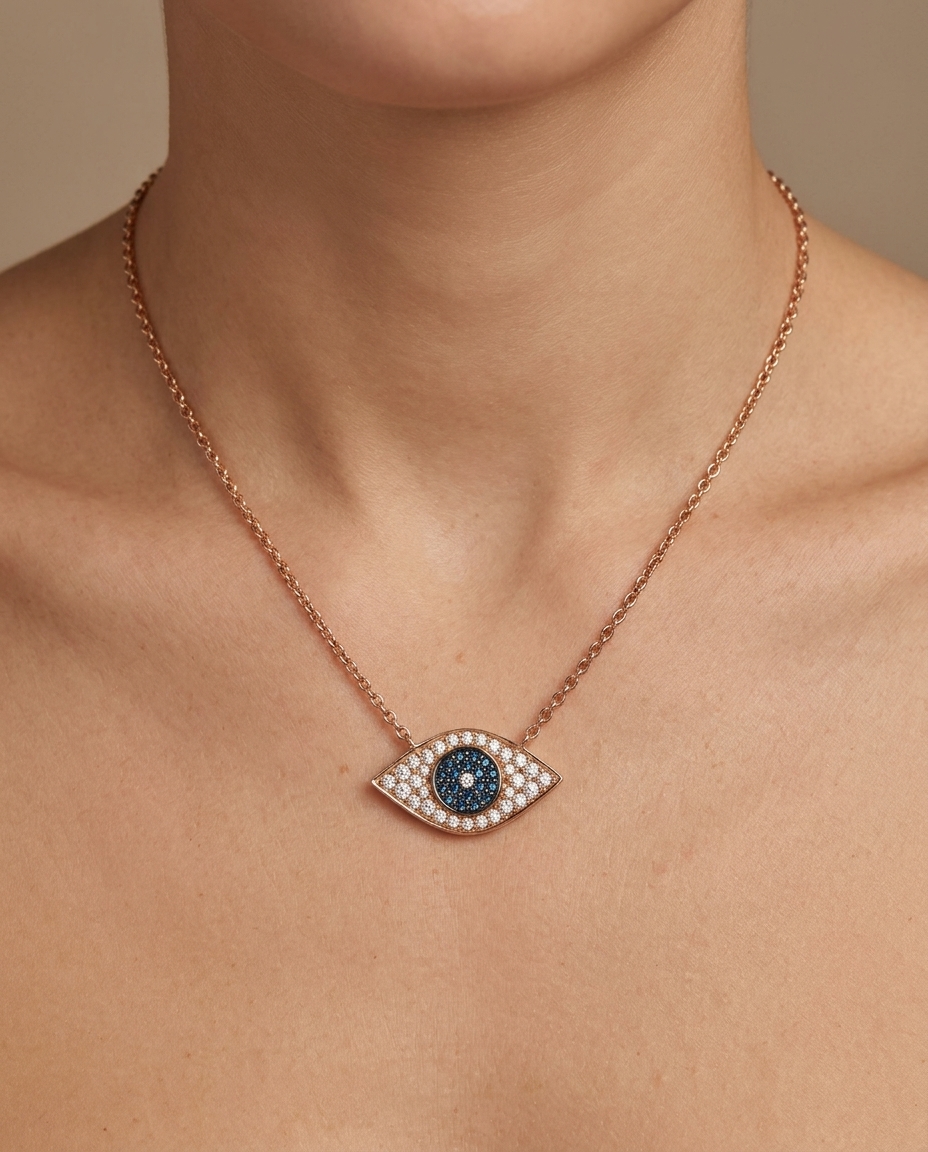14KT Diamond Evil Eye Necklace on model