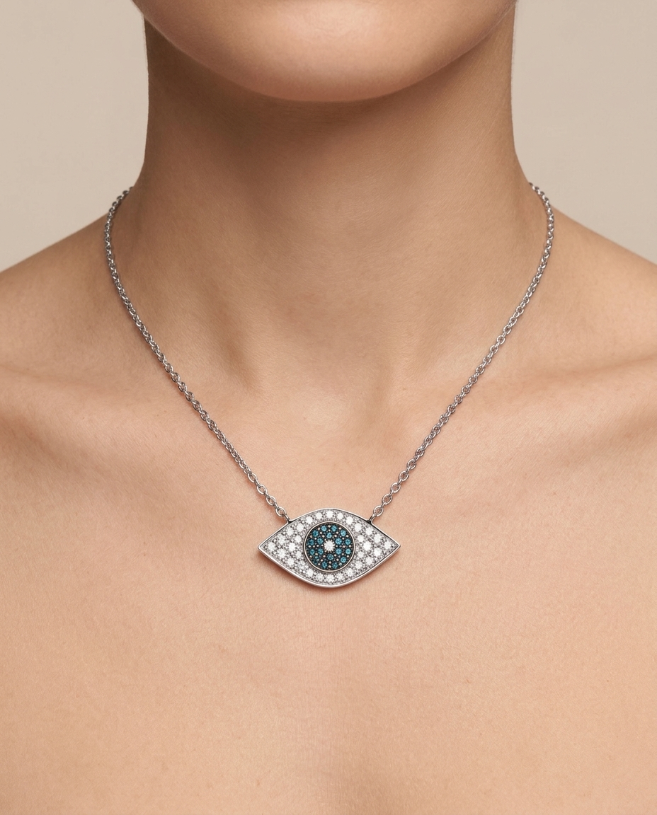 14KT Diamond Evil Eye Necklace on model