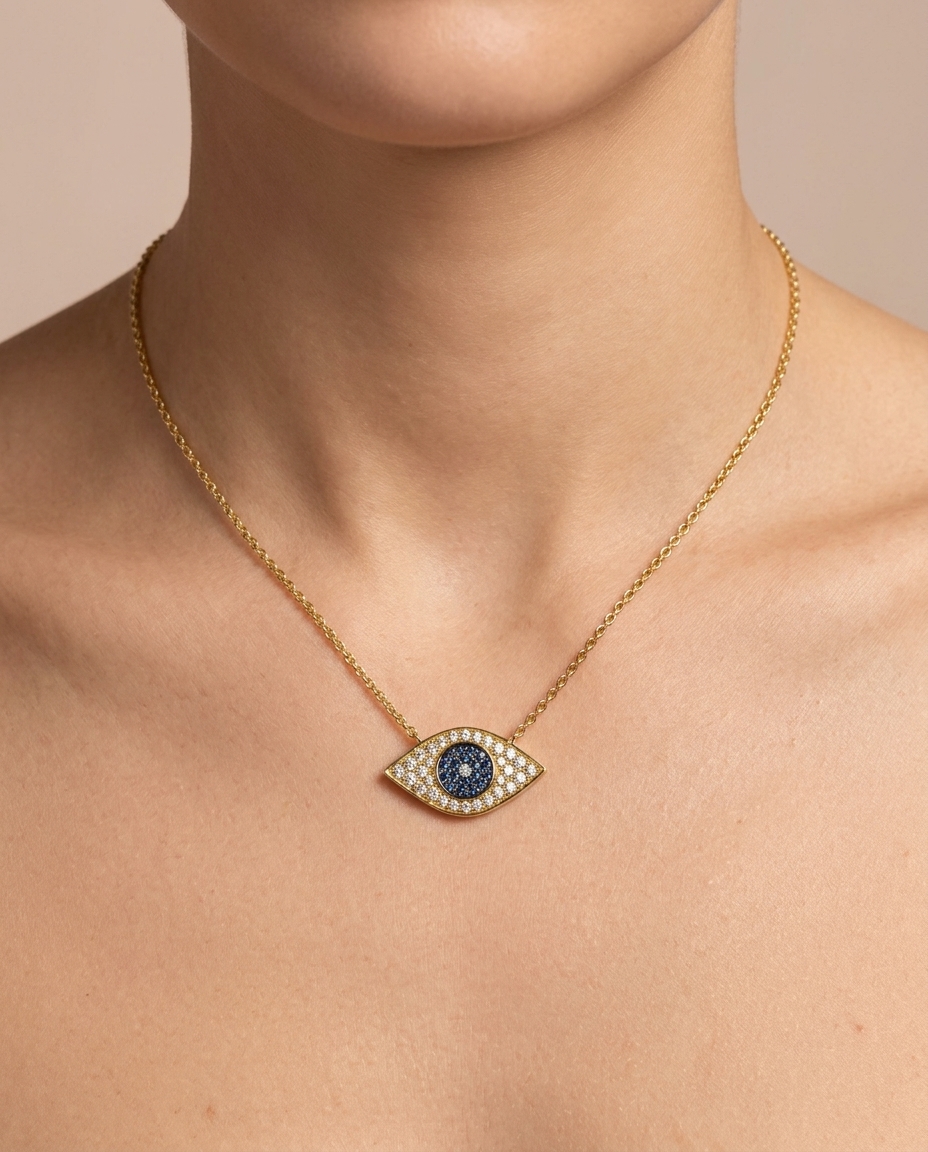 14KT Diamond Evil Eye Necklace on model