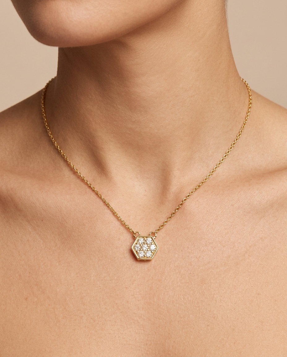 14KT Gold Diamond Hexagone Shape Necklace on model