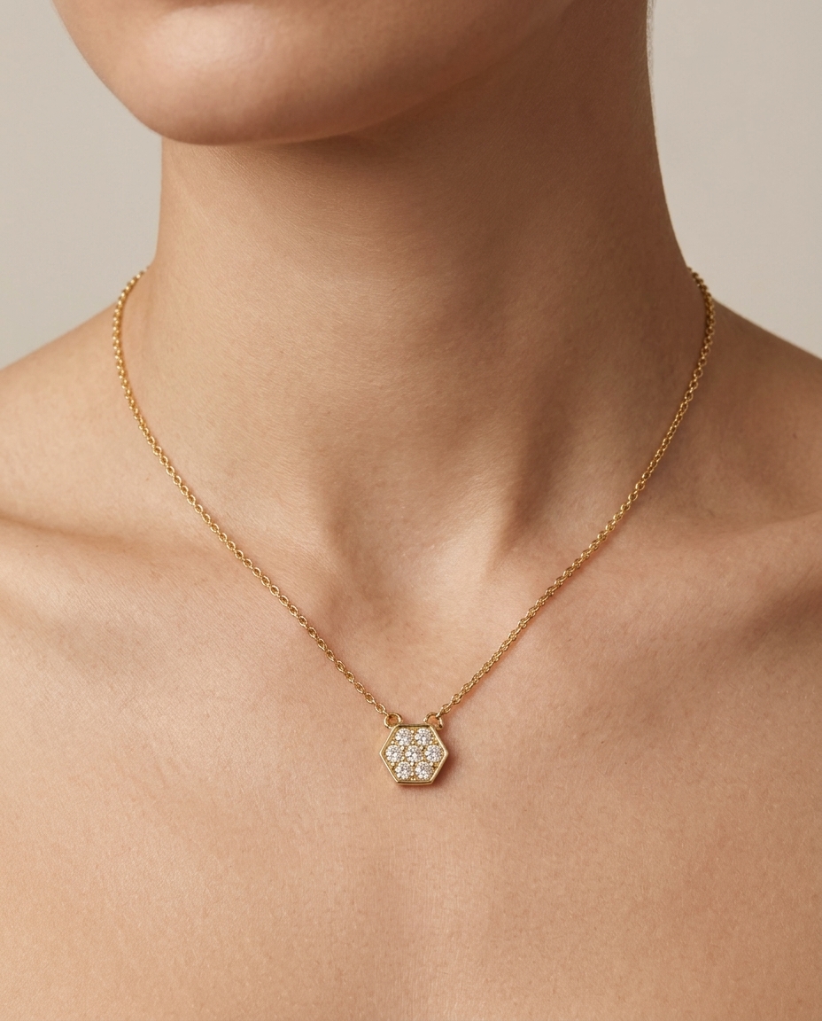 14KT Gold Diamond Hexagone Shape Necklace on model