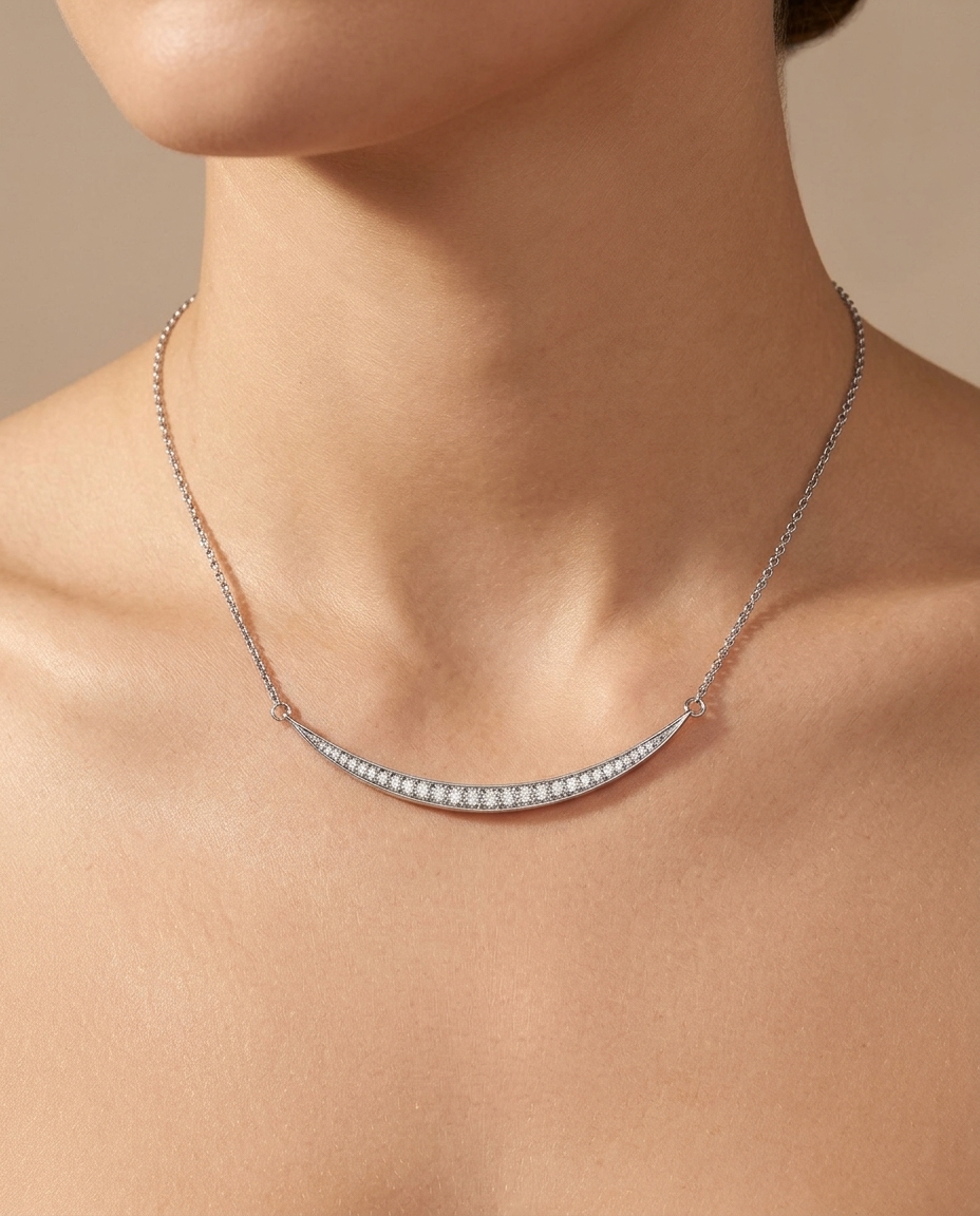 White Gold Diamond Curved Bar Necklace on model