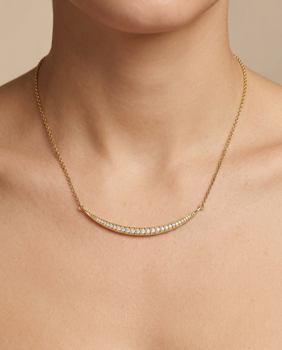 Yellow Gold Diamond Curved Bar Necklace on model