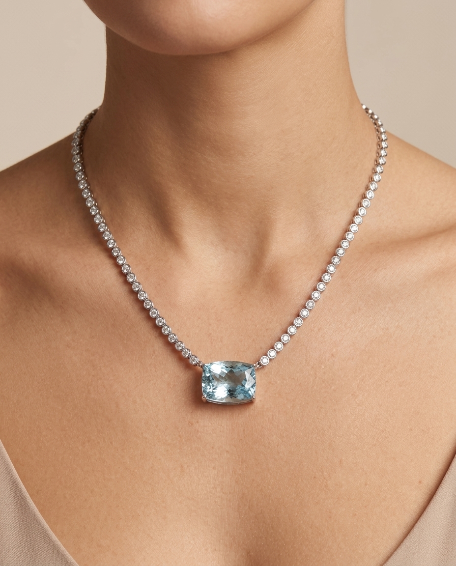 14KT White Gold Aquamarine and Diamond Bezel Tennis Necklace on model