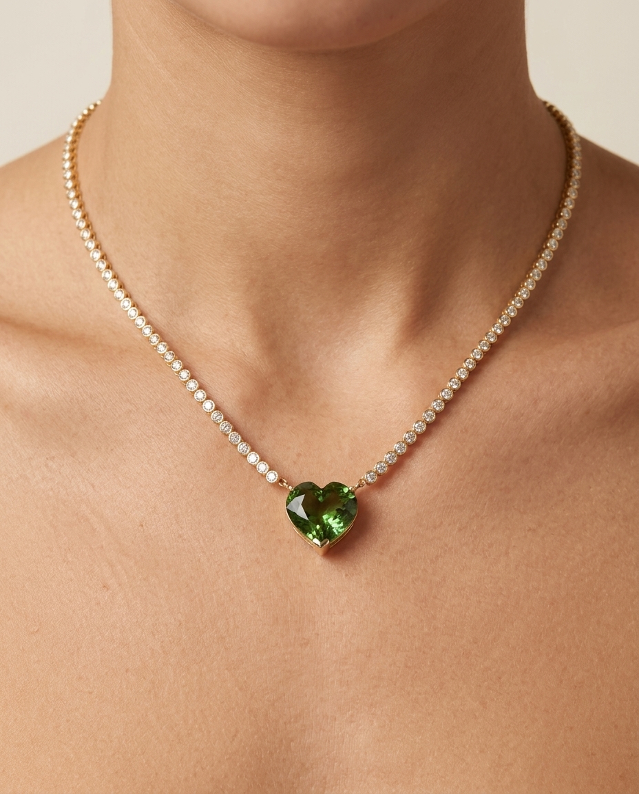 14KT Yellow Gold Green Tourmaline and Diamond Bezel Tennis Necklace on model