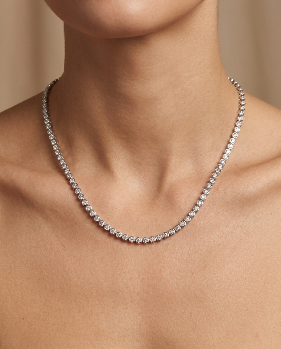 14KT White Gold Diamond Bezel Tennis Necklace on model