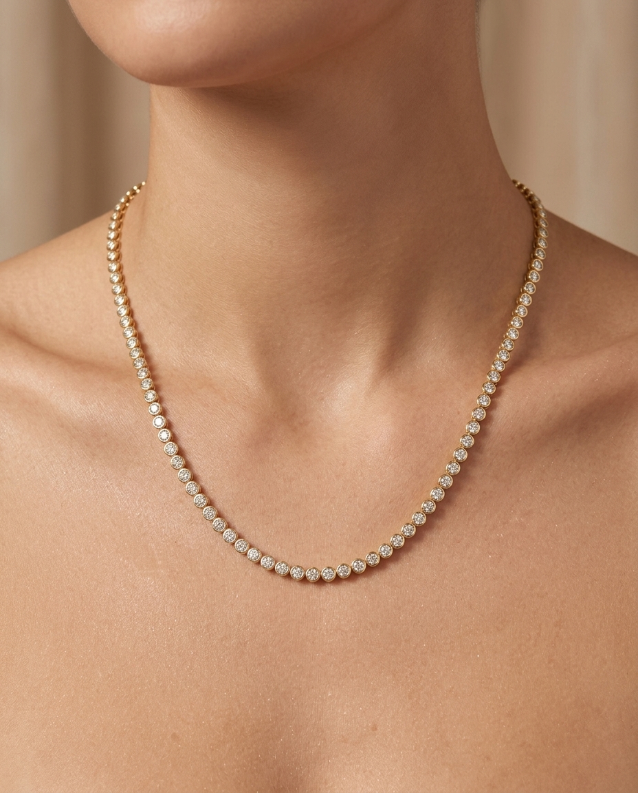 14KT Yellow Gold Diamond Bezel Tennis Necklace (3.00 CTS) on model