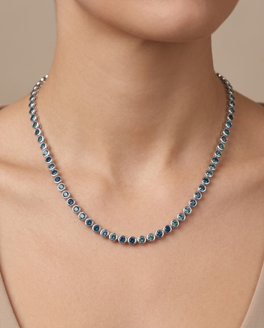 14KT White Gold Blue Diamond Bezel Tennis Necklace on model