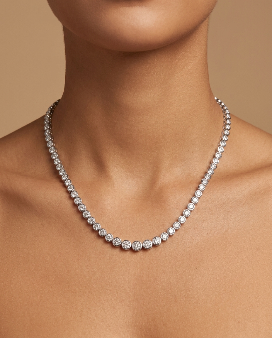 14KT White Gold Diamond Bezel Tennis Necklace on model