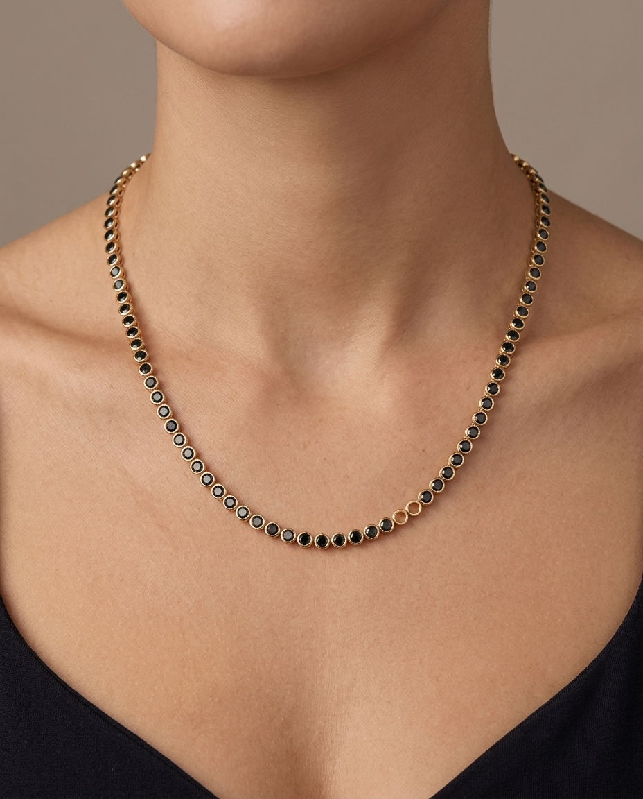 14KT Yellow Gold Black Diamond Bezel Tennis Necklace 6.00 Cts on model
