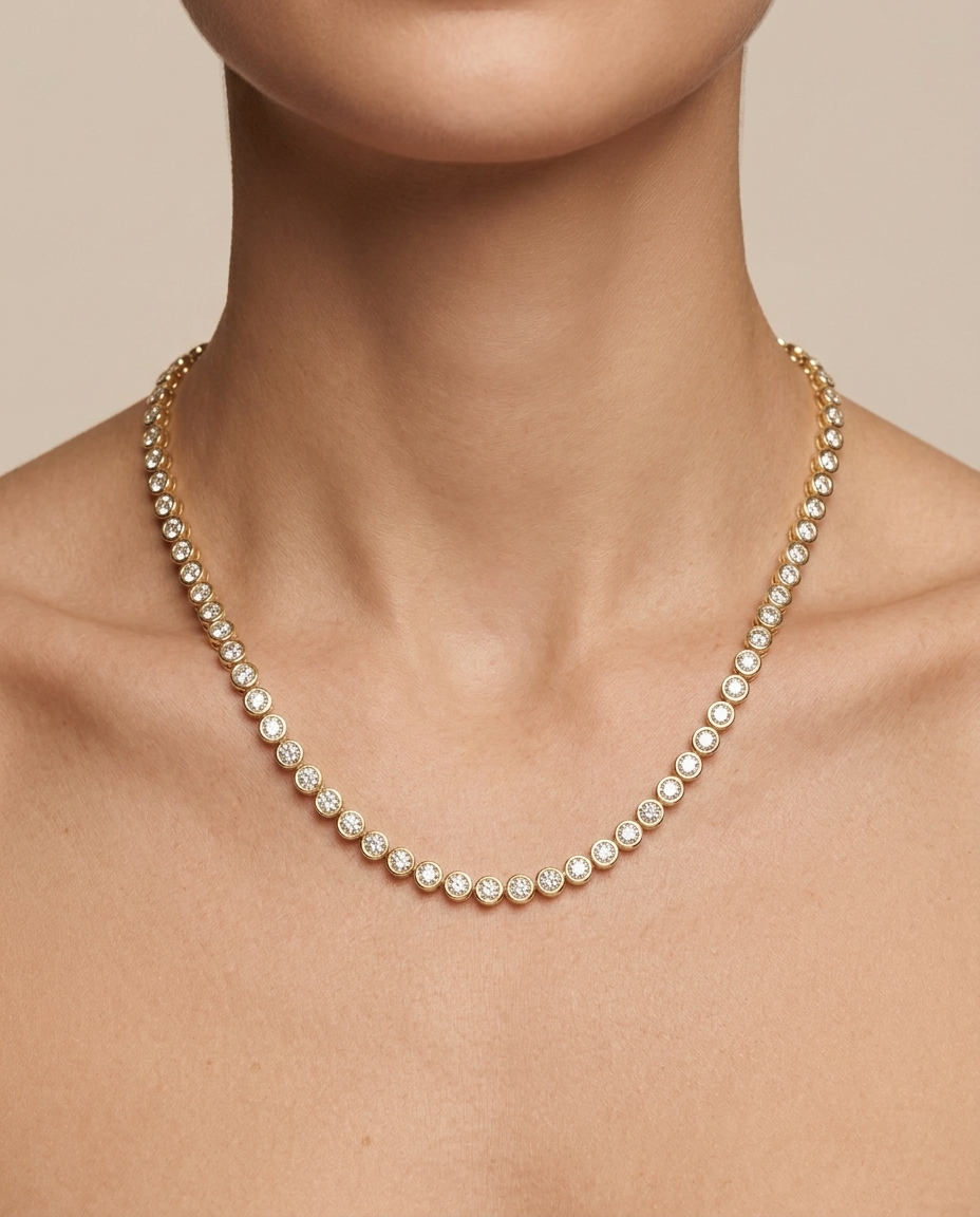 14KT Yellow Gold Diamond Bezel Tennis Necklace on model