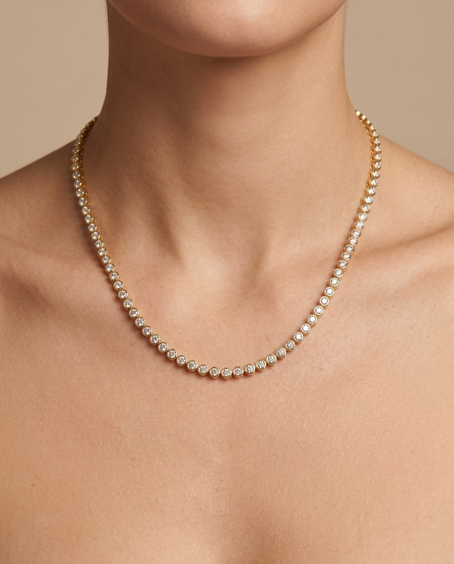 14KT Gold Diamond Bezel Tennis Necklace (2.00 CTS) on model