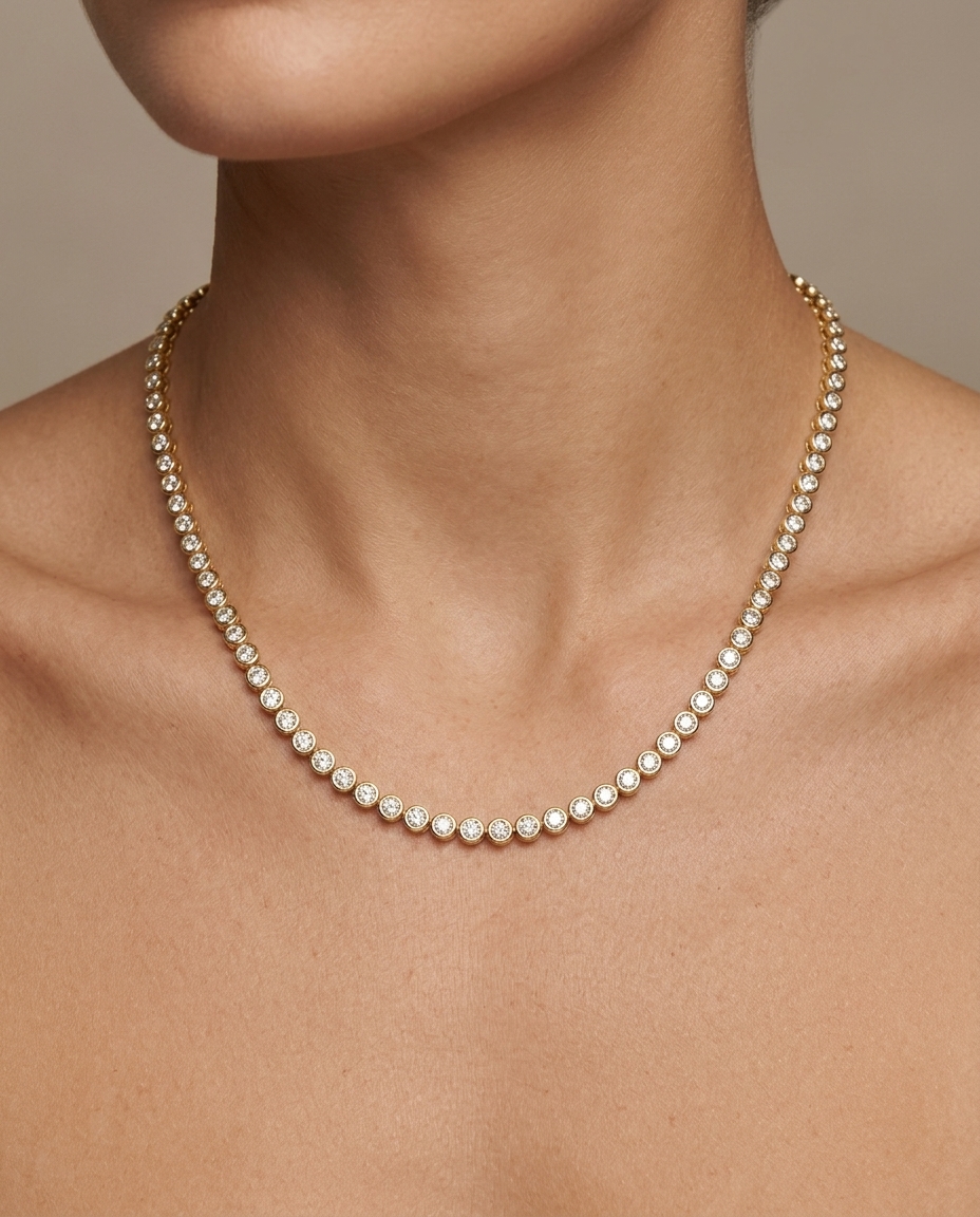 14KT Gold Diamond Bezel Tennis Necklace (5.00 CTS) on model