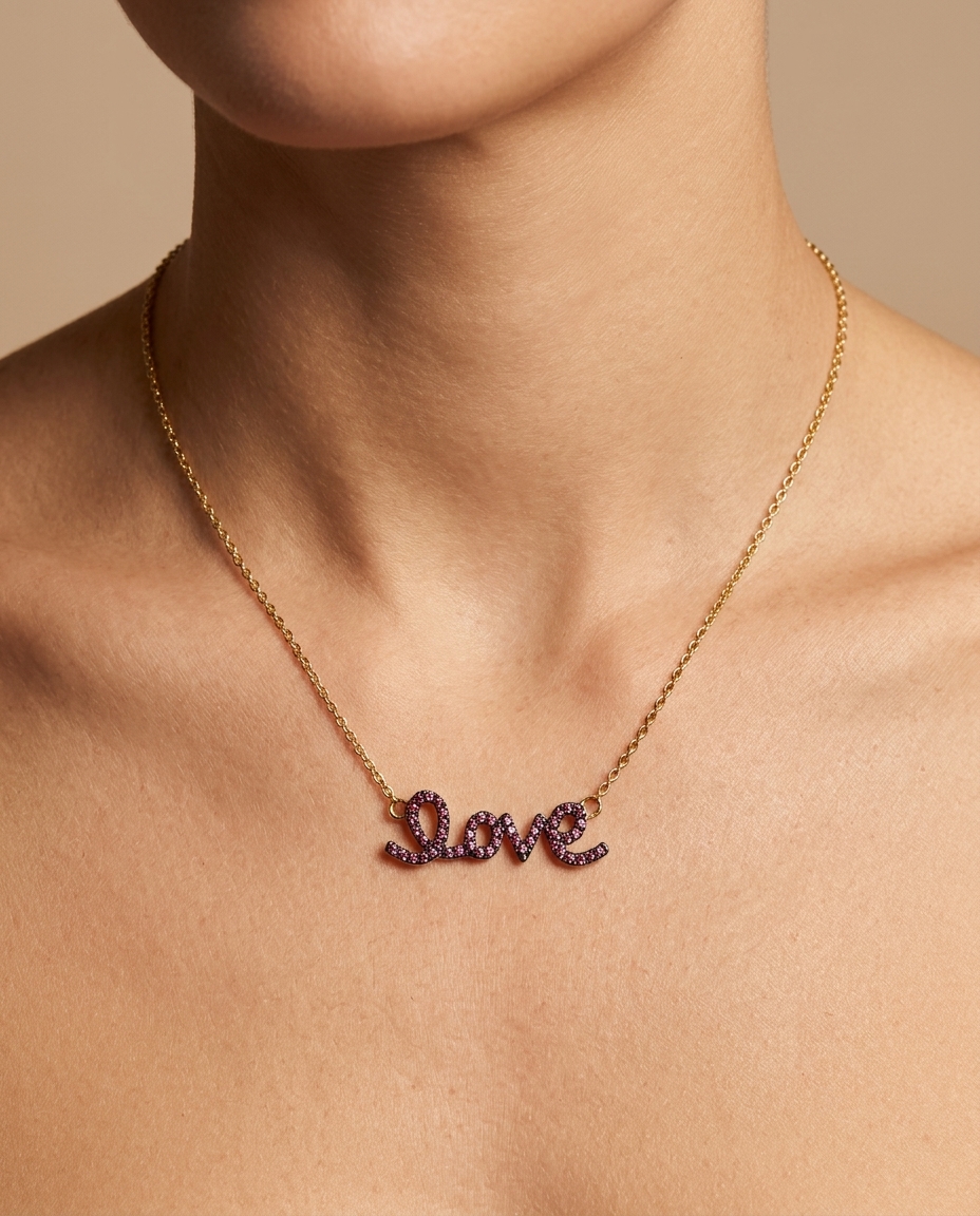 14KT Gold Pink Sapphire Love Necklace on model